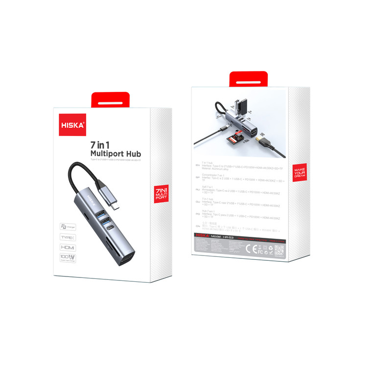 هاب 7 در 1 USB‑C مدل HR‑53 | هاب تایپ سی با HDMI 4K و PD 100W