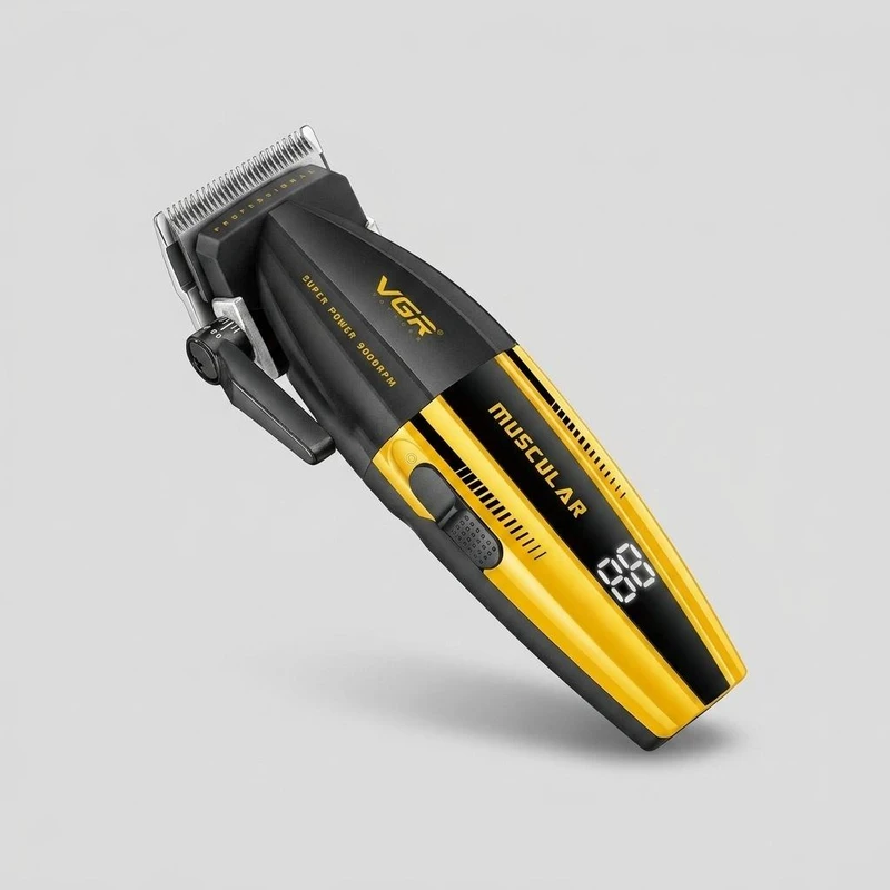 ماشین اصلاح موی سر و صورت وی جی ار مدل V-285 با موتور 9000 دور در دقیقه، تیغه استیل ضد زنگ و سرامیکی، 6 شانه قابل تنظیم، نمایشگر LED و شارژ سریع USB